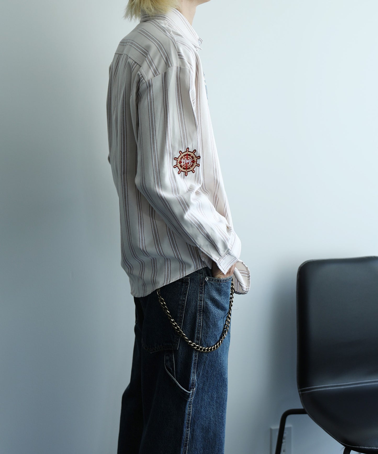 【HOOK -original- 】配色ストライプワンポイント刺繍長袖シャツ