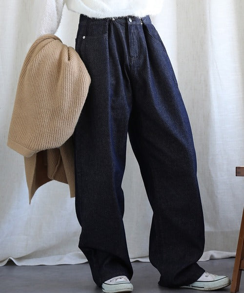 2WAYデザインジーンズデニム深めのウエストタックハイウエストデニムパンツ