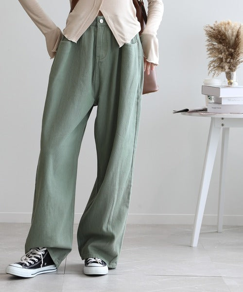 2WAYデザインジーンズデニム深めのウエストタックハイウエストデニムパンツ