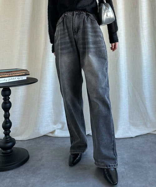 2WAYデザインジーンズデニム深めのウエストタックハイウエストデニムパンツ