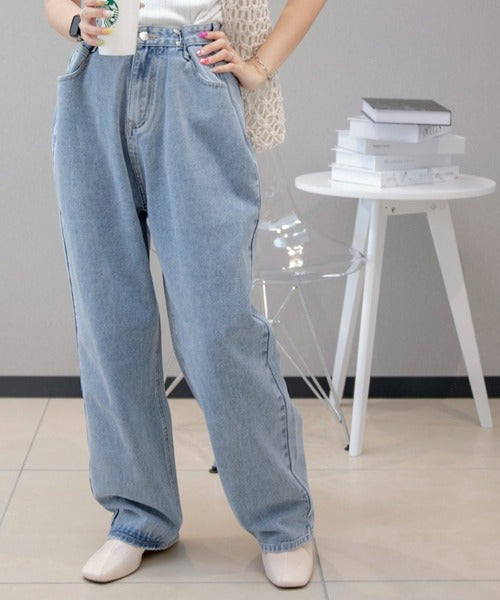 2WAYデザインジーンズデニム深めのウエストタックハイウエストデニムパンツ