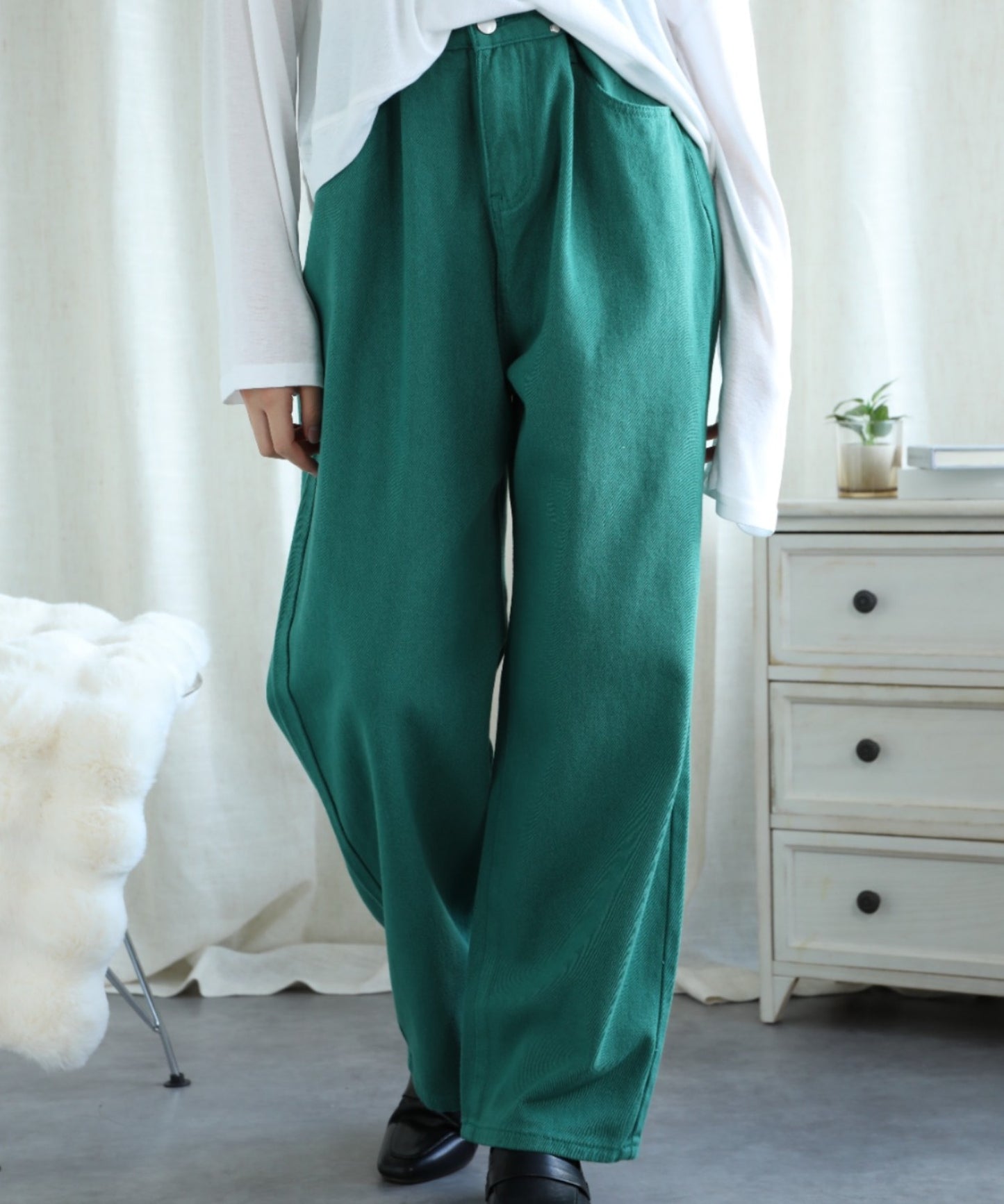 2WAYデザインジーンズデニム深めのウエストタックハイウエストデニムパンツ