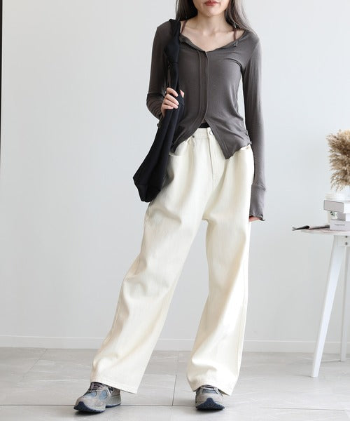 2WAYデザインジーンズデニム深めのウエストタックハイウエストデニムパンツ