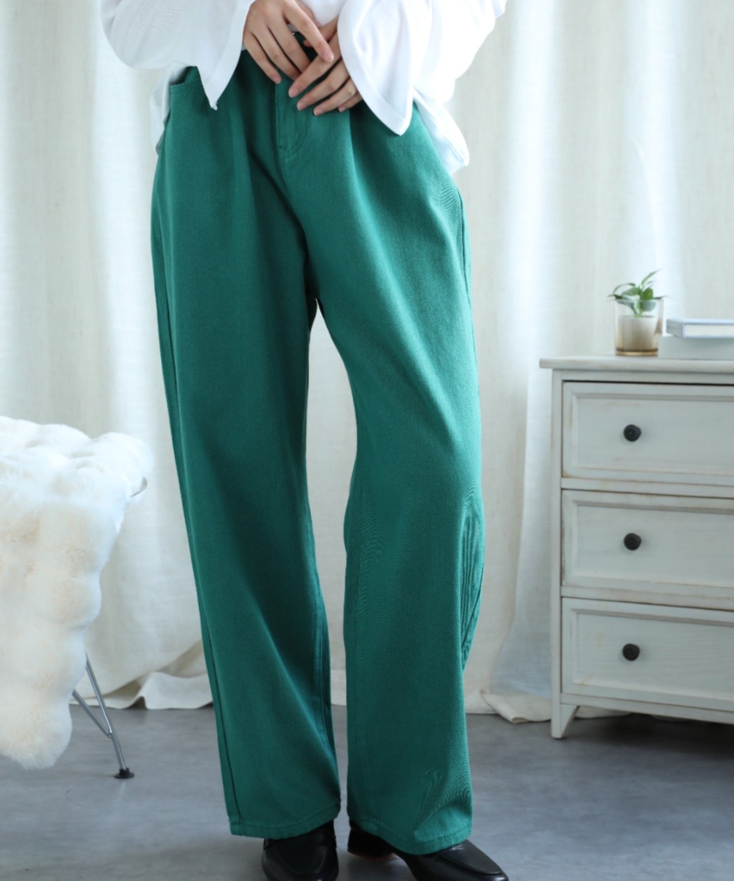 2WAYデザインジーンズデニム深めのウエストタックハイウエストデニムパンツ