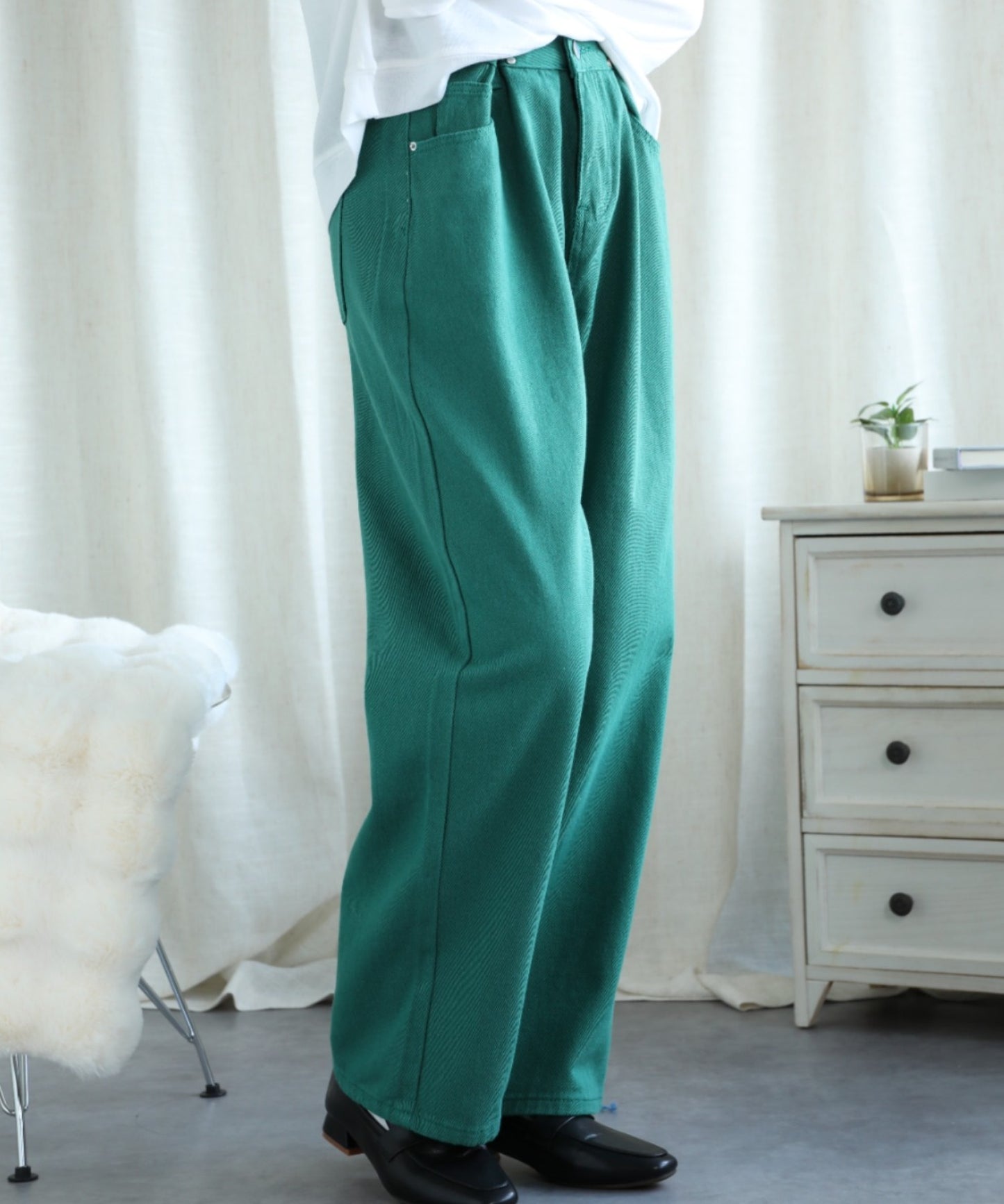 2WAYデザインジーンズデニム深めのウエストタックハイウエストデニムパンツ