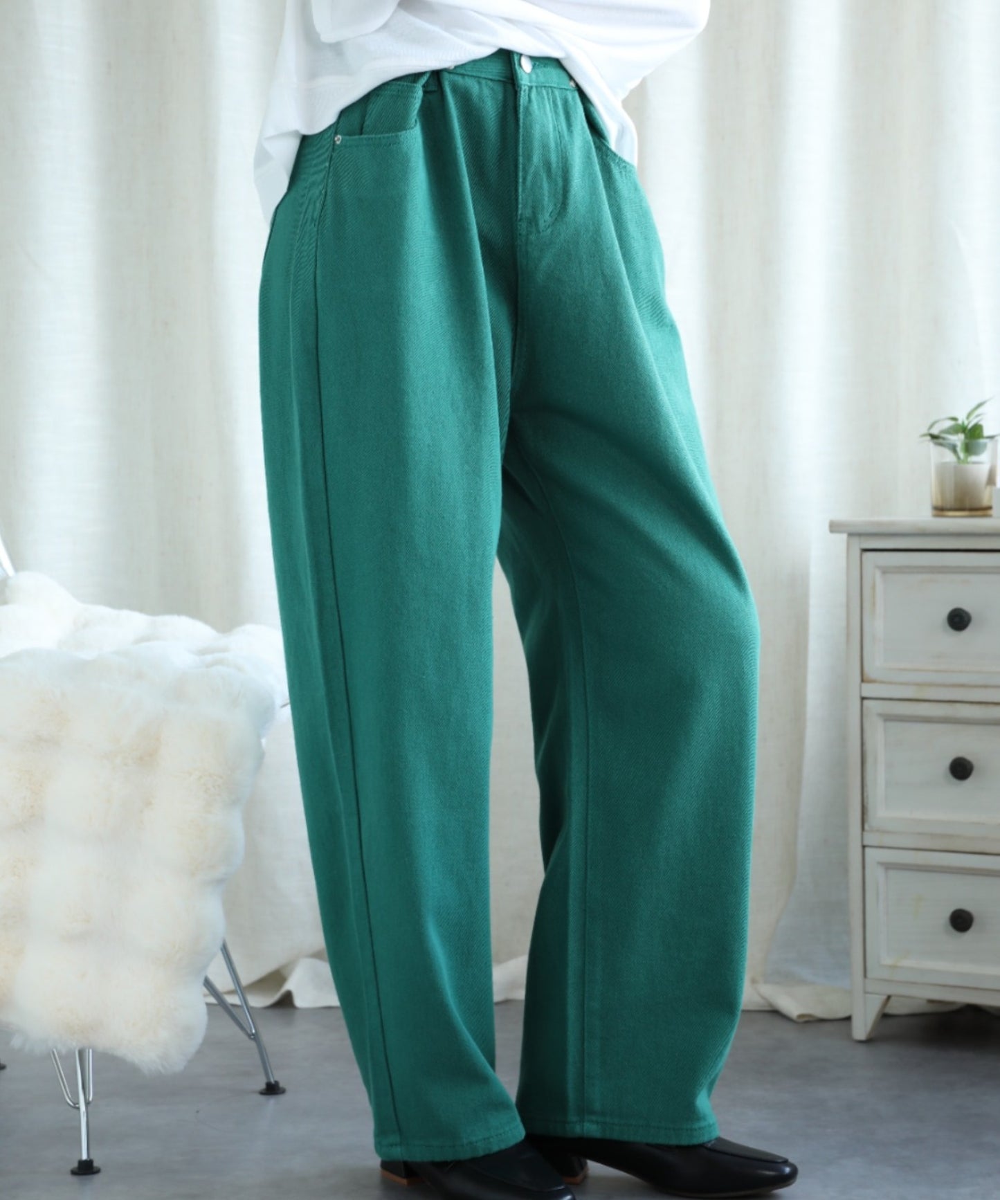 2WAYデザインジーンズデニム深めのウエストタックハイウエストデニムパンツ