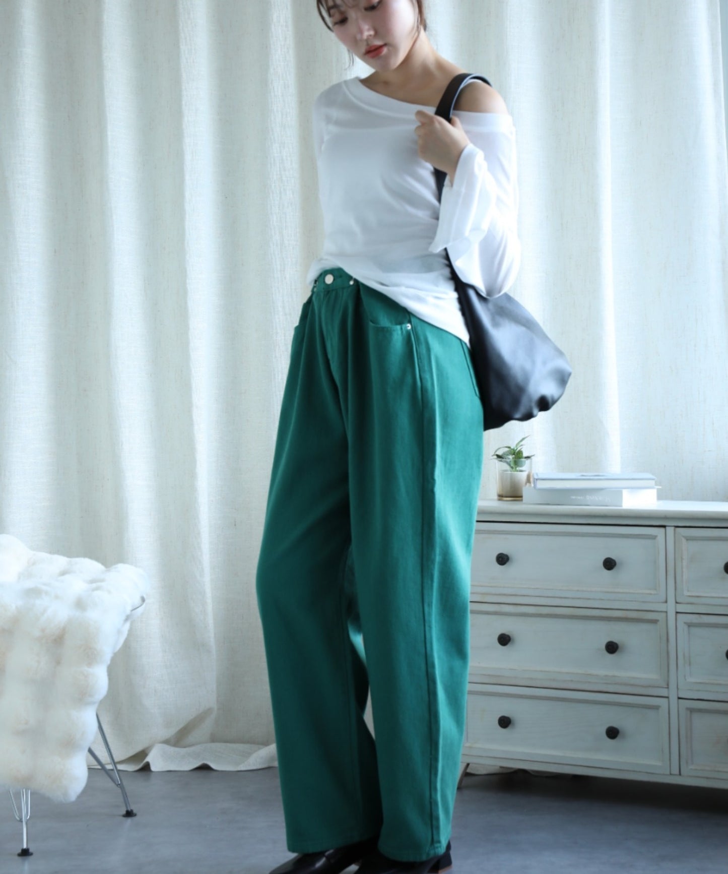 2WAYデザインジーンズデニム深めのウエストタックハイウエストデニムパンツ