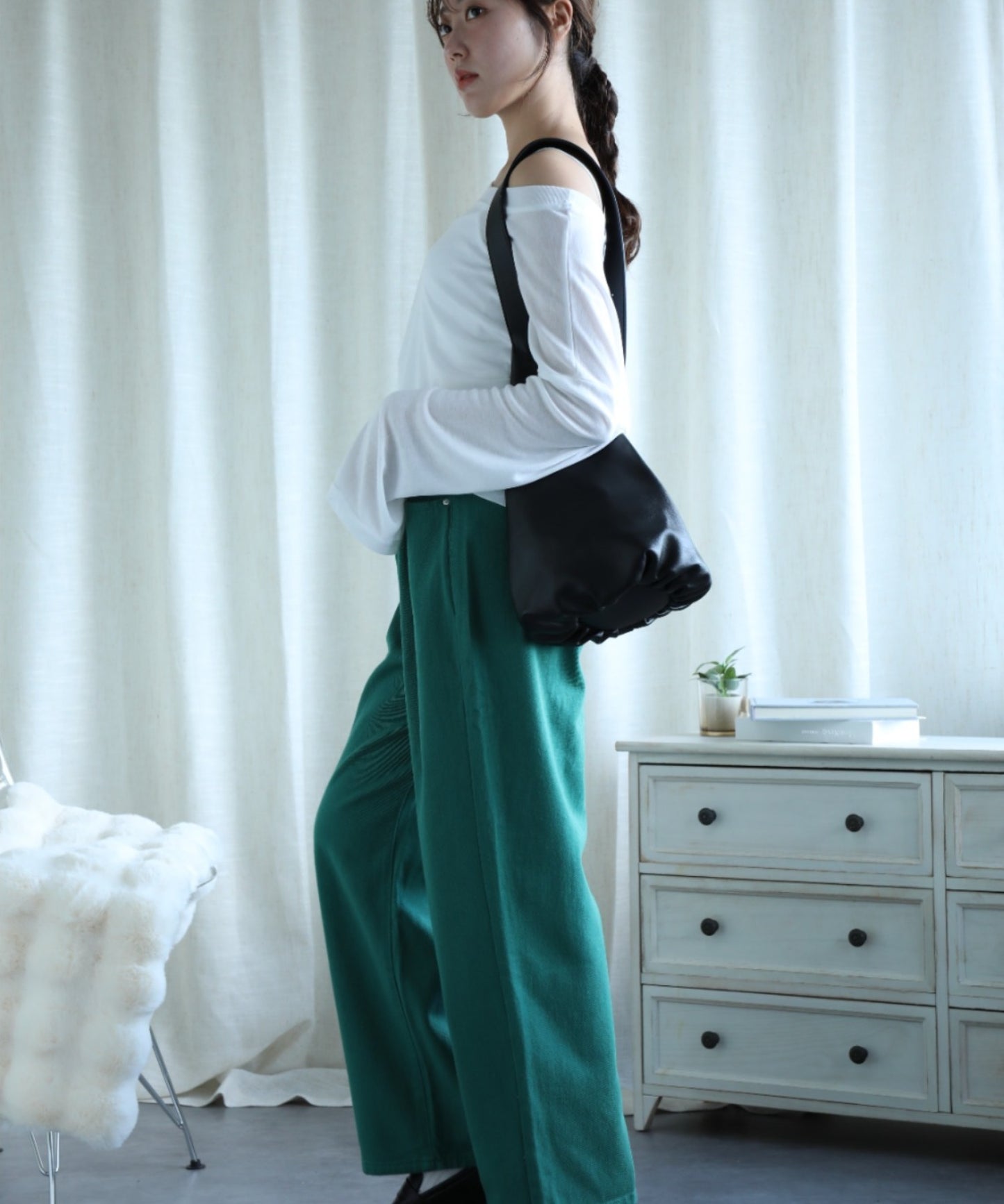 2WAYデザインジーンズデニム深めのウエストタックハイウエストデニムパンツ