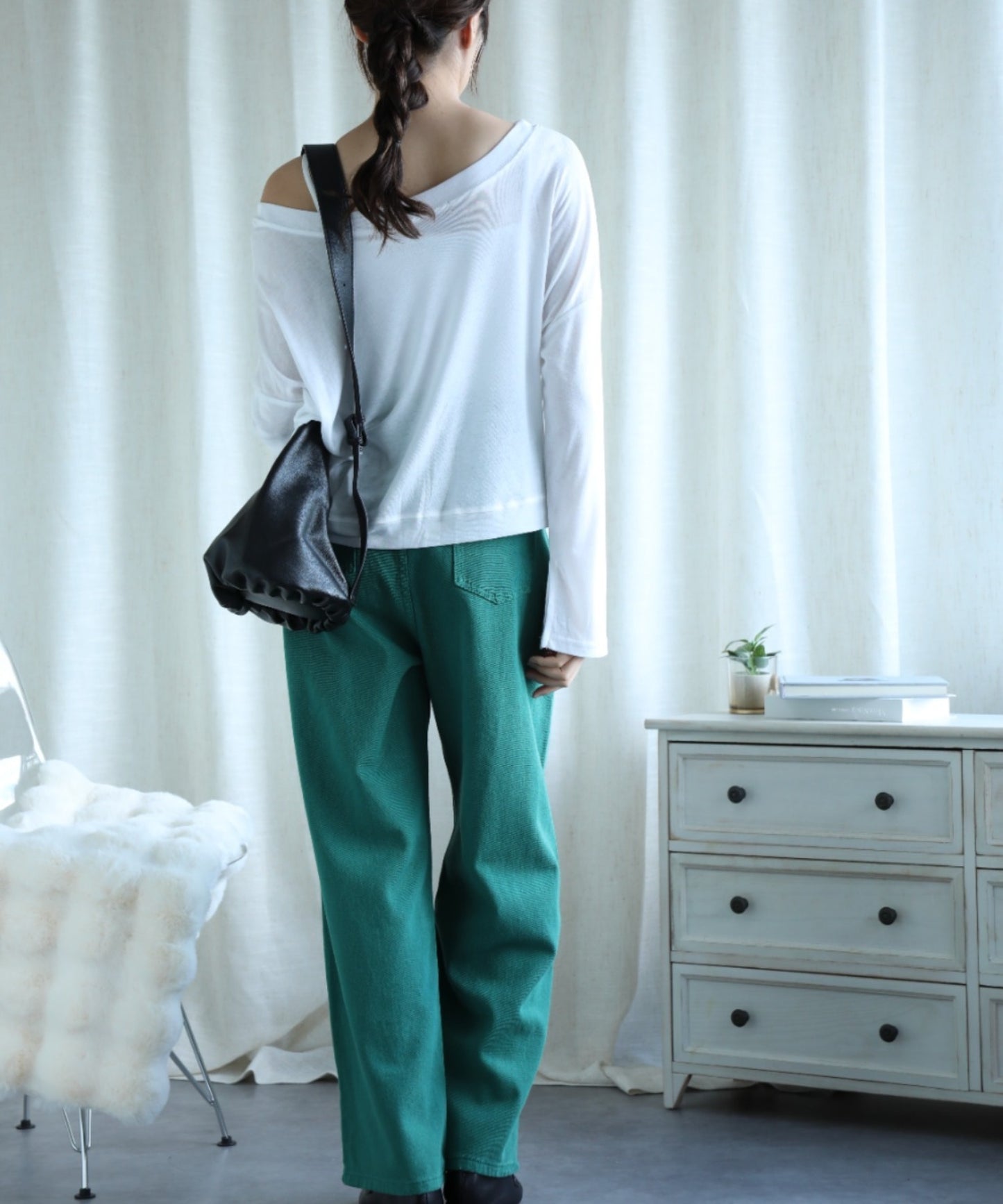 2WAYデザインジーンズデニム深めのウエストタックハイウエストデニムパンツ