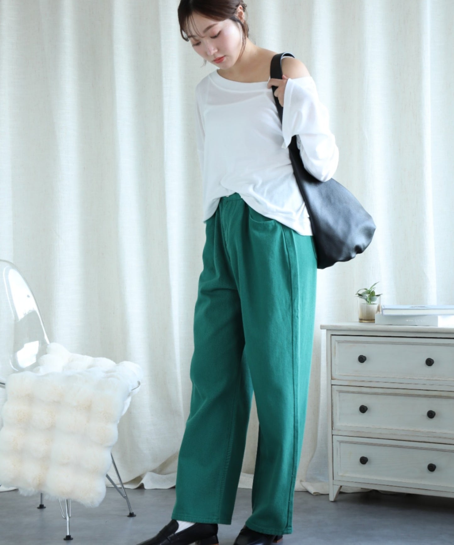 2WAYデザインジーンズデニム深めのウエストタックハイウエストデニムパンツ