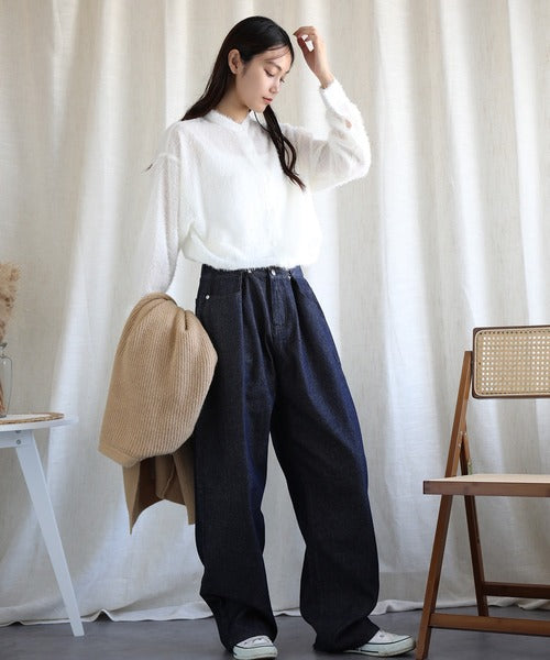 2WAYデザインジーンズデニム深めのウエストタックハイウエストデニムパンツ