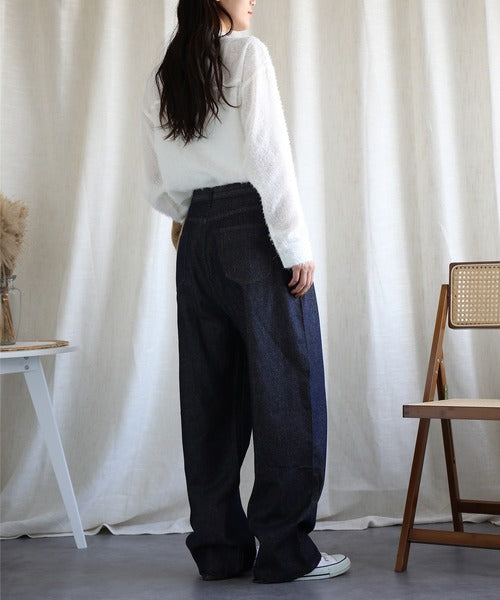2WAYデザインジーンズデニム深めのウエストタックハイウエストデニムパンツ