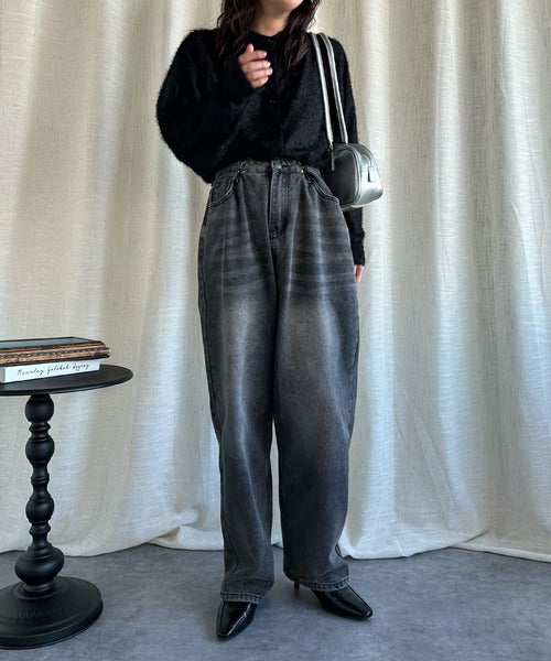 2WAYデザインジーンズデニム深めのウエストタックハイウエストデニムパンツ