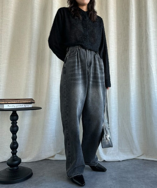 2WAYデザインジーンズデニム深めのウエストタックハイウエストデニムパンツ