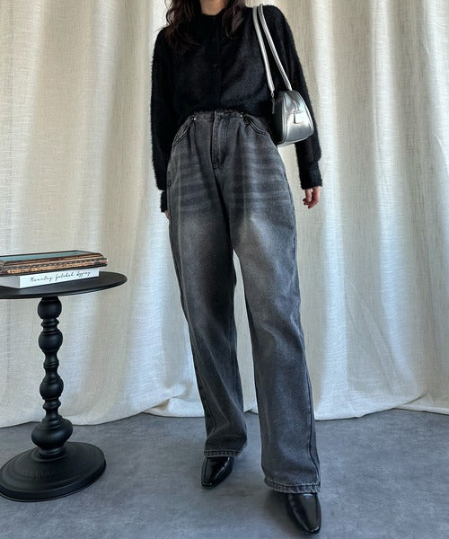 2WAYデザインジーンズデニム深めのウエストタックハイウエストデニムパンツ