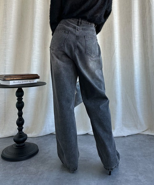 2WAYデザインジーンズデニム深めのウエストタックハイウエストデニムパンツ