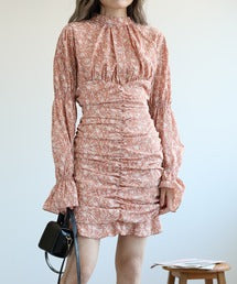 【Jasmine】スタンドカラーパワショル花柄ミニワンピース (OG)