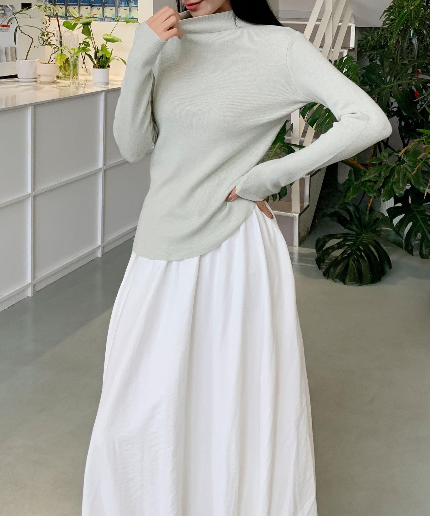 aimoha/無地モックネックニットソートップス