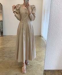 【Jasmine】Square Neck Power Shoulder Long Dress