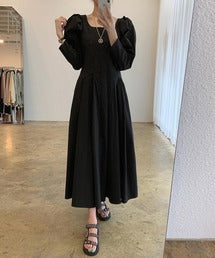 【Jasmine】Square Neck Power Shoulder Long Dress