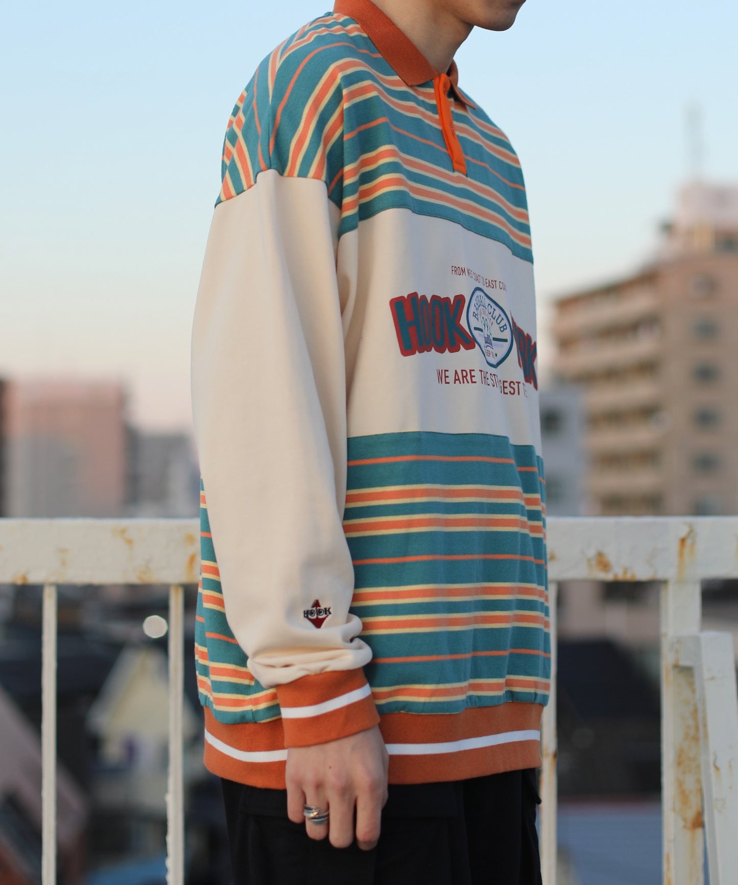 【HOOK -original- 】アメカジヴィンテージ風プリントボーダー切り替えポロ襟スウェット