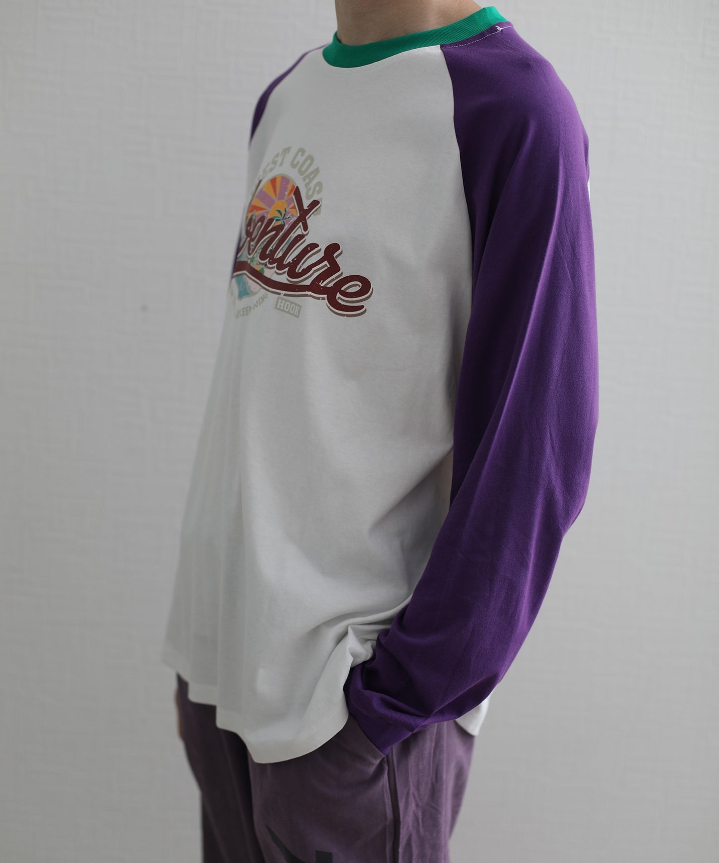 【HOOK -original- 】アメカジヴィンテージ風袖配色切り替えロゴプリントリンガーロングTEE