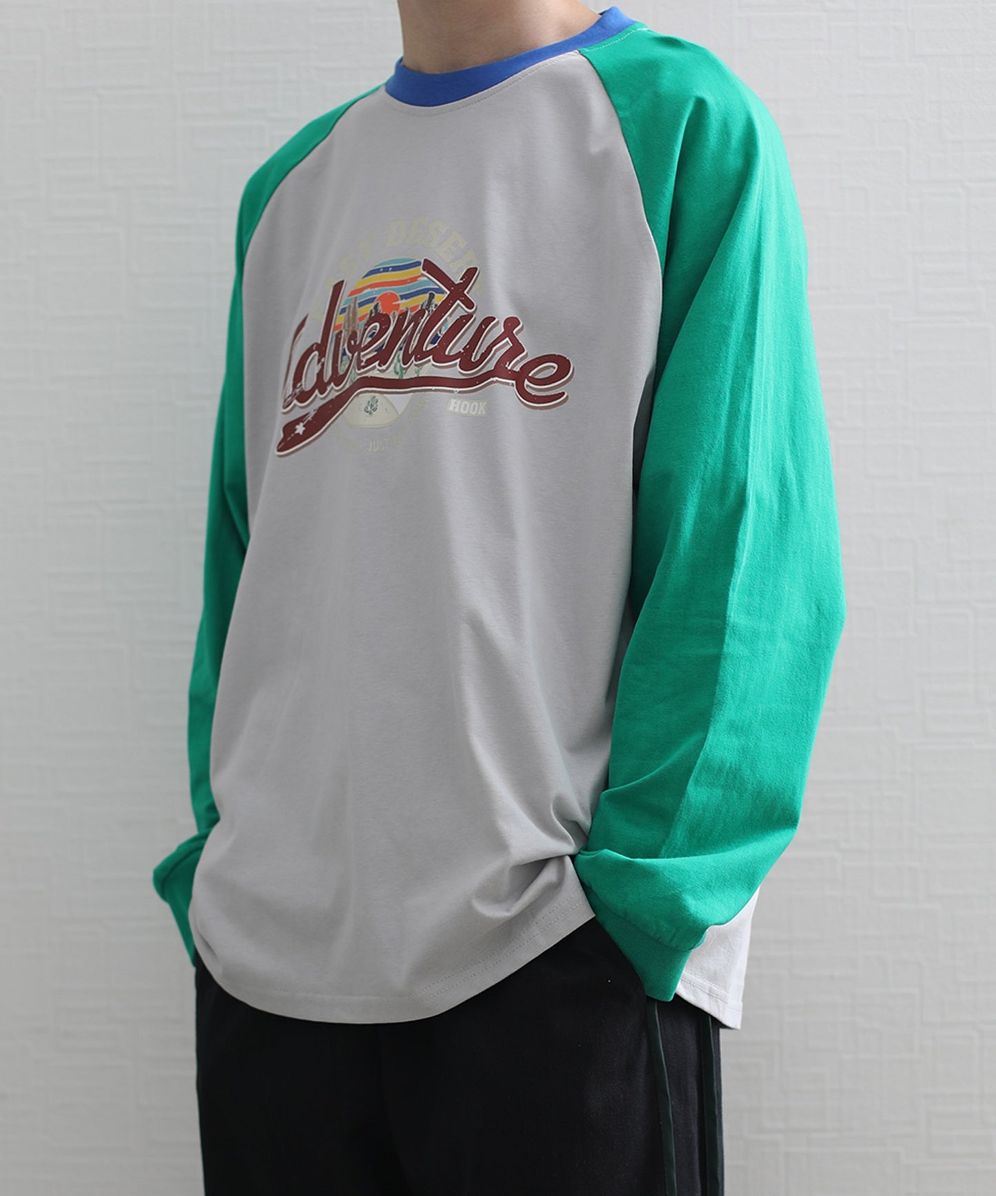 【HOOK -original- 】アメカジヴィンテージ風袖配色切り替えロゴプリントリンガーロングTEE