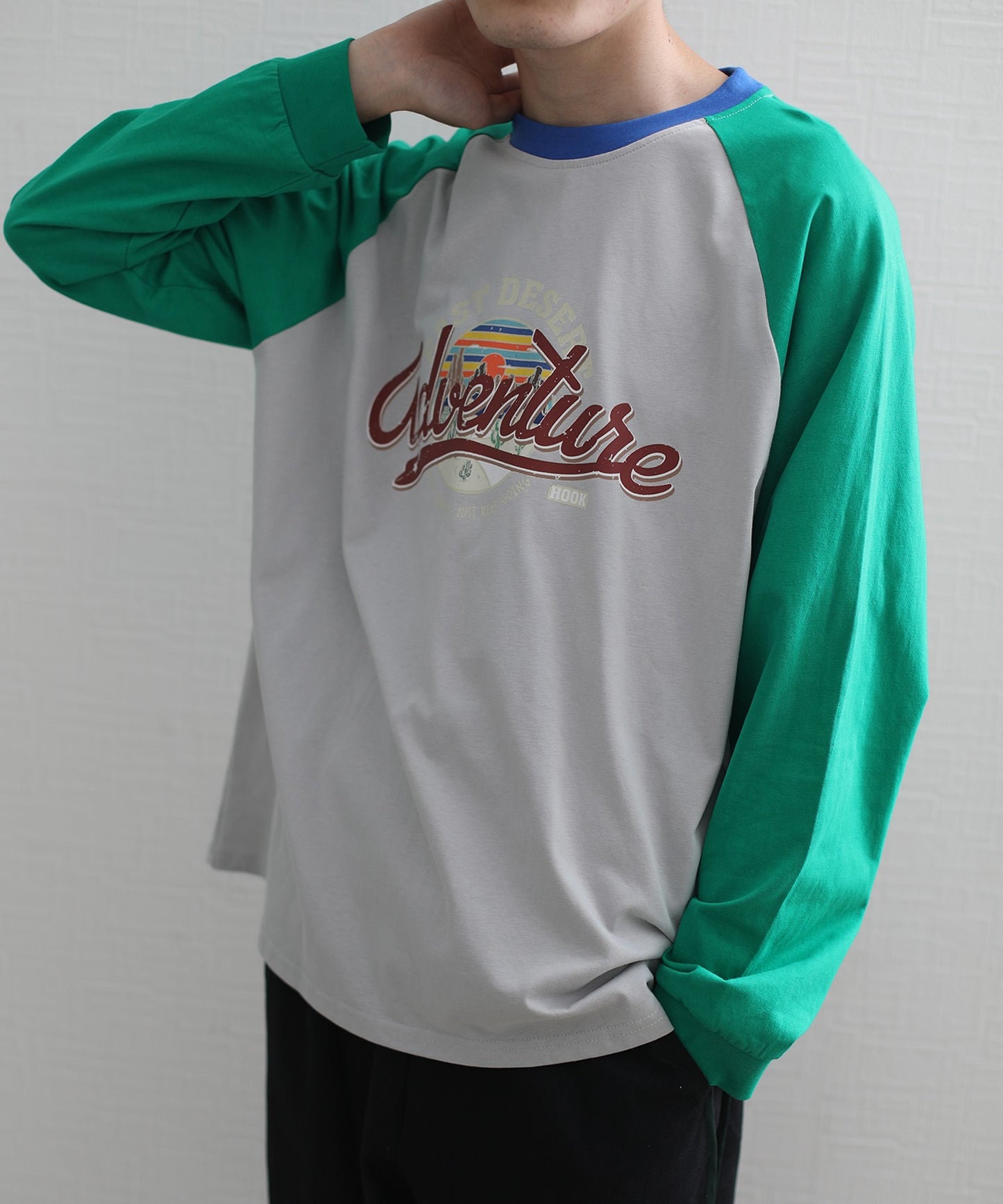 【HOOK -original- 】アメカジヴィンテージ風袖配色切り替えロゴプリントリンガーロングTEE