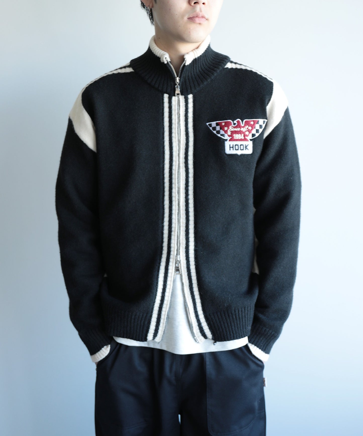HOOK -original-/ワッペン刺繍レーシング風ダブルジップカーディガン