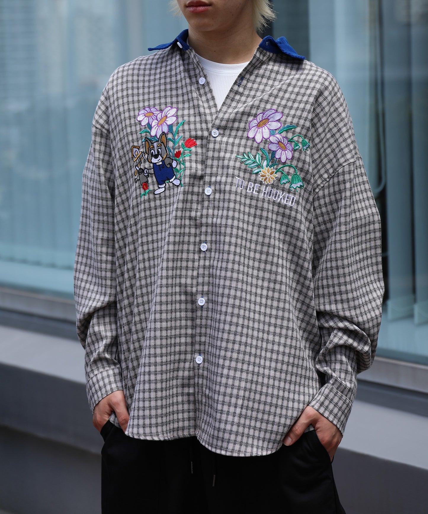 【HOOK -original- 】レトロ調可愛いワンちゃん刺繍チェック柄長袖シャツ