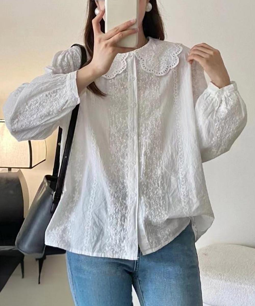 スカラップレース襟刺繍シャツブラウス