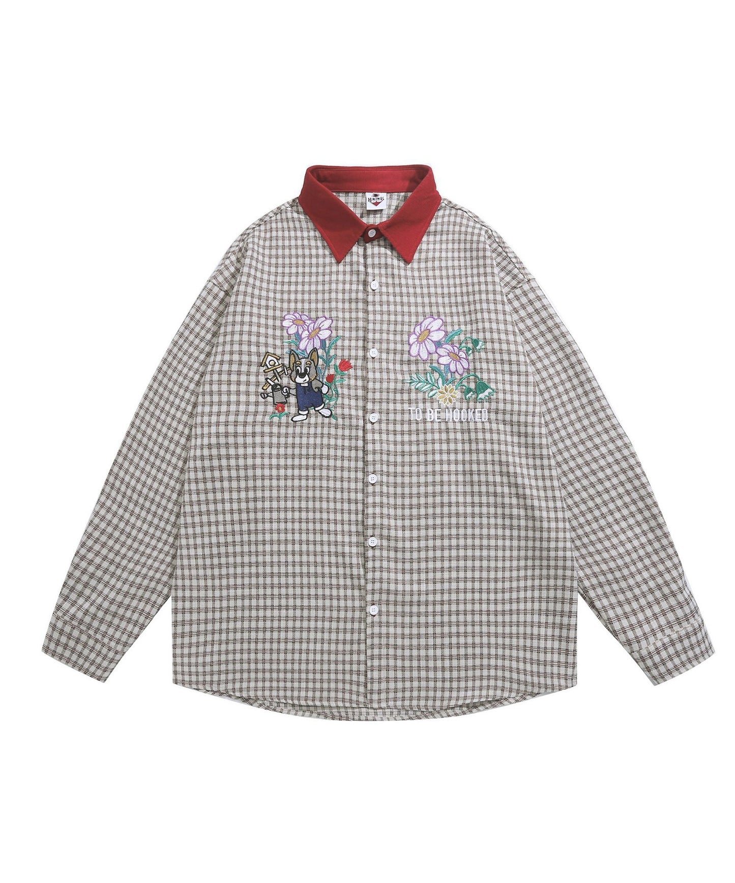 【HOOK -original- 】レトロ調可愛いワンちゃん刺繍チェック柄長袖シャツ