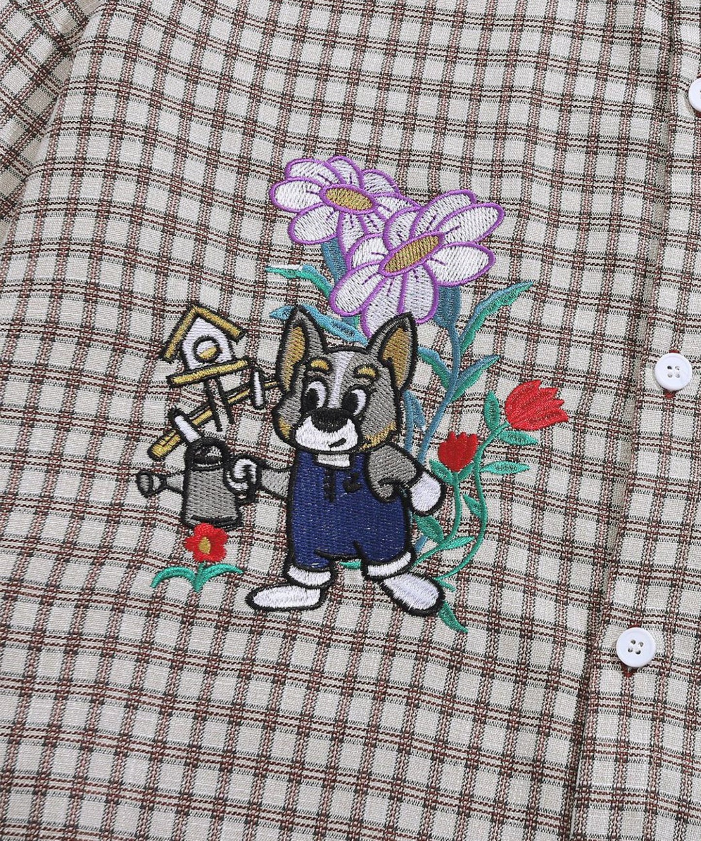 【HOOK -original- 】レトロ調可愛いワンちゃん刺繍チェック柄長袖シャツ
