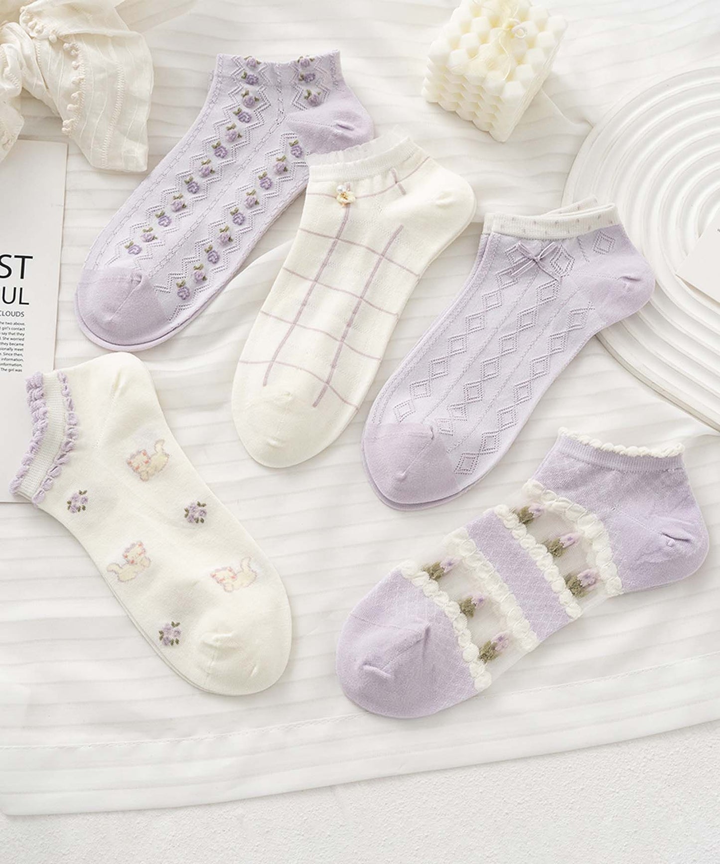 【MOSOX】ガーリーデザインレーヨン混アンクルソックス 5足セット (SS)