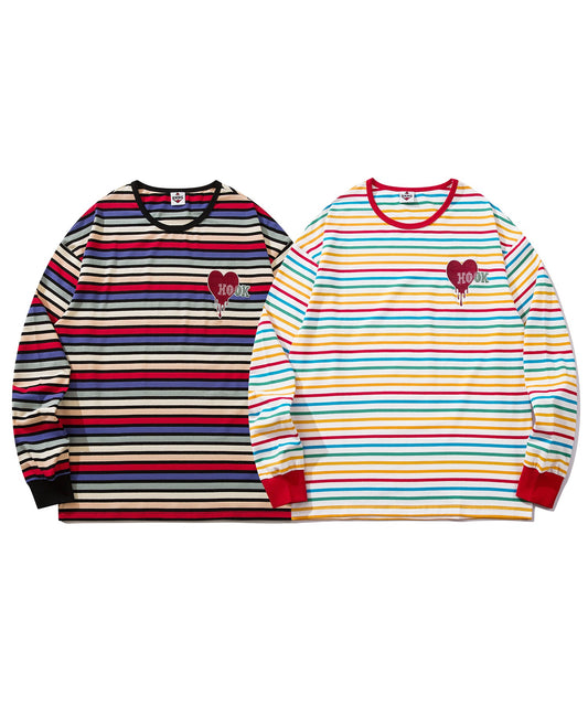 【HOOK -original- 】溶けるハート刺繍カラフルボーダー長袖tシャツ