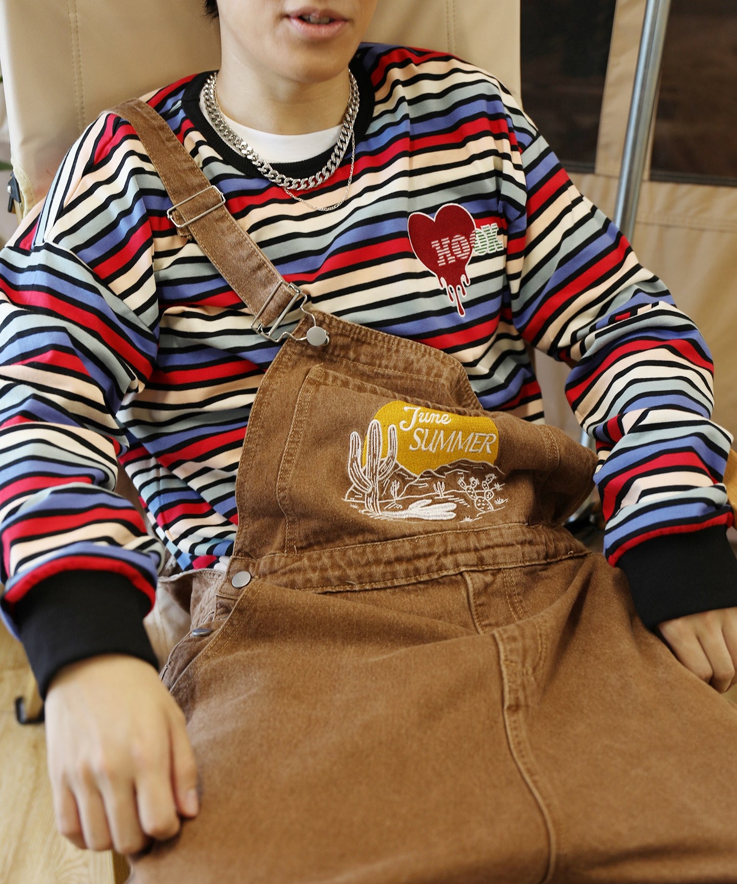 【HOOK -original- 】溶けるハート刺繍カラフルボーダー長袖tシャツ