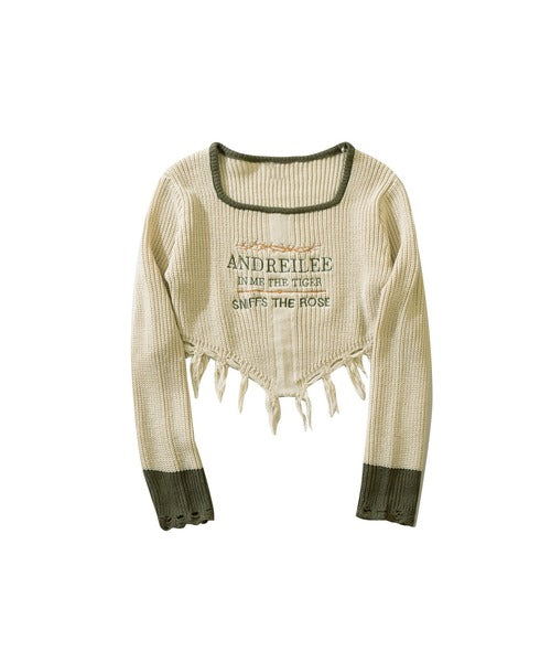 【HOOK】for girls 刺繍入りスクエアネックショット丈ニットソー 裾フリンジ