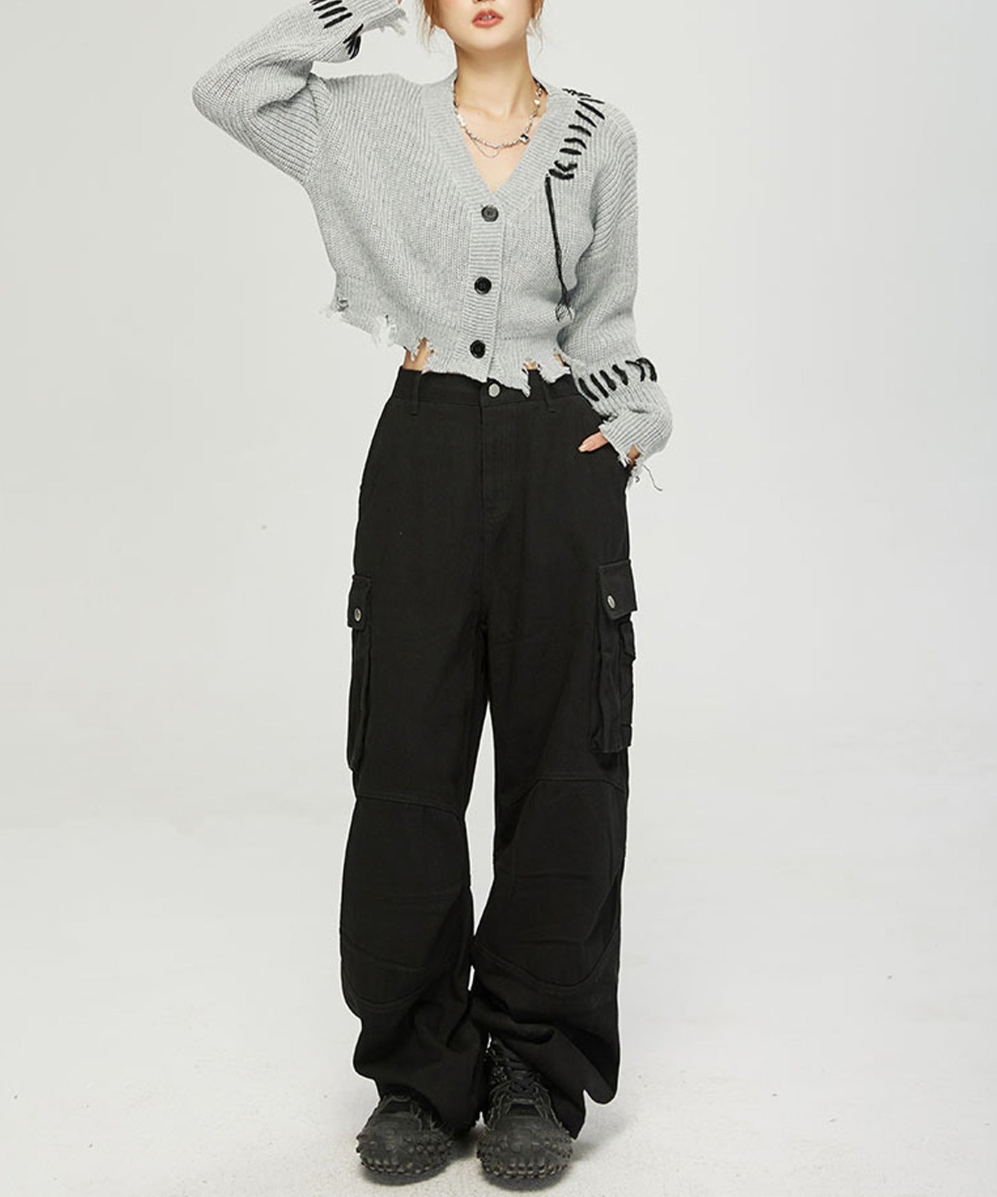 【HOOK】for girls クレイジーステッチショット丈ニットカーディガン