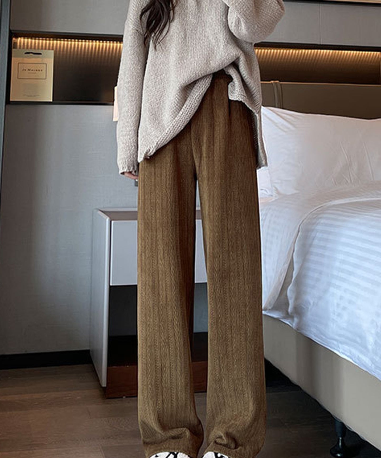 裏起毛 ケーブル柄コーデュロイストレートスウェットパンツ