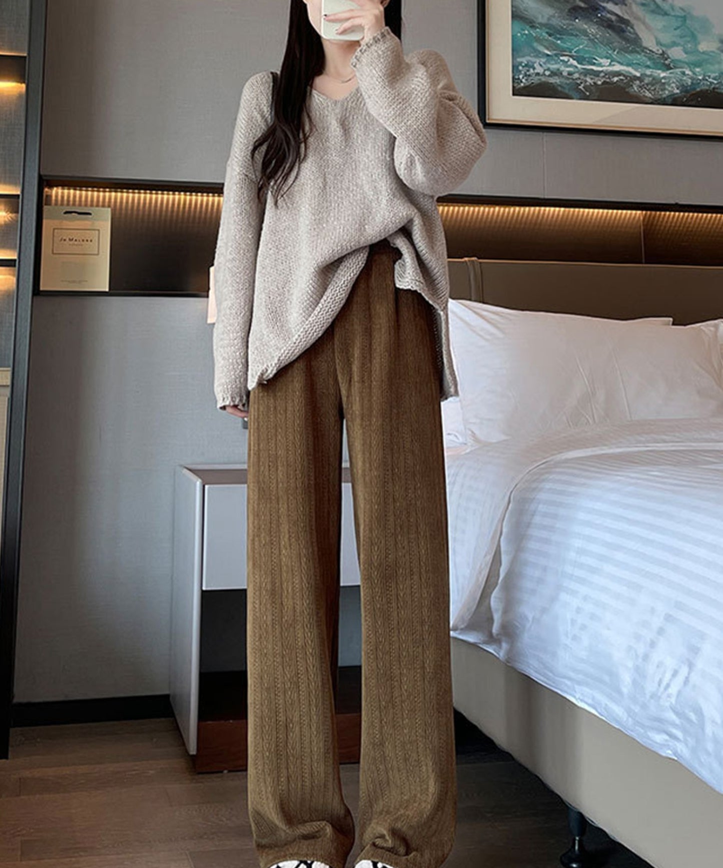 裏起毛 ケーブル柄コーデュロイストレートスウェットパンツ