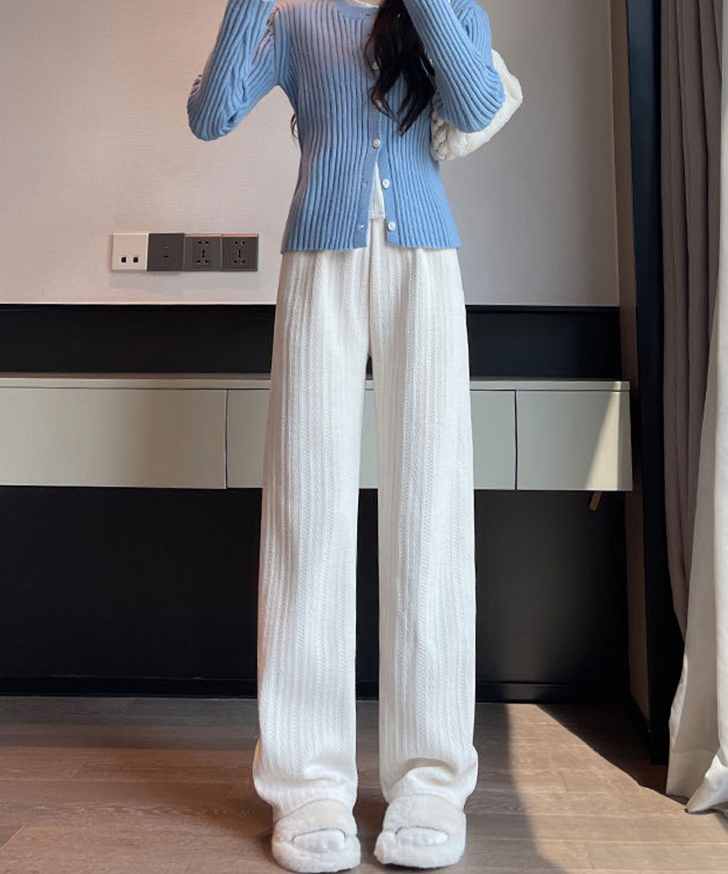 裏起毛 ケーブル柄コーデュロイストレートスウェットパンツ