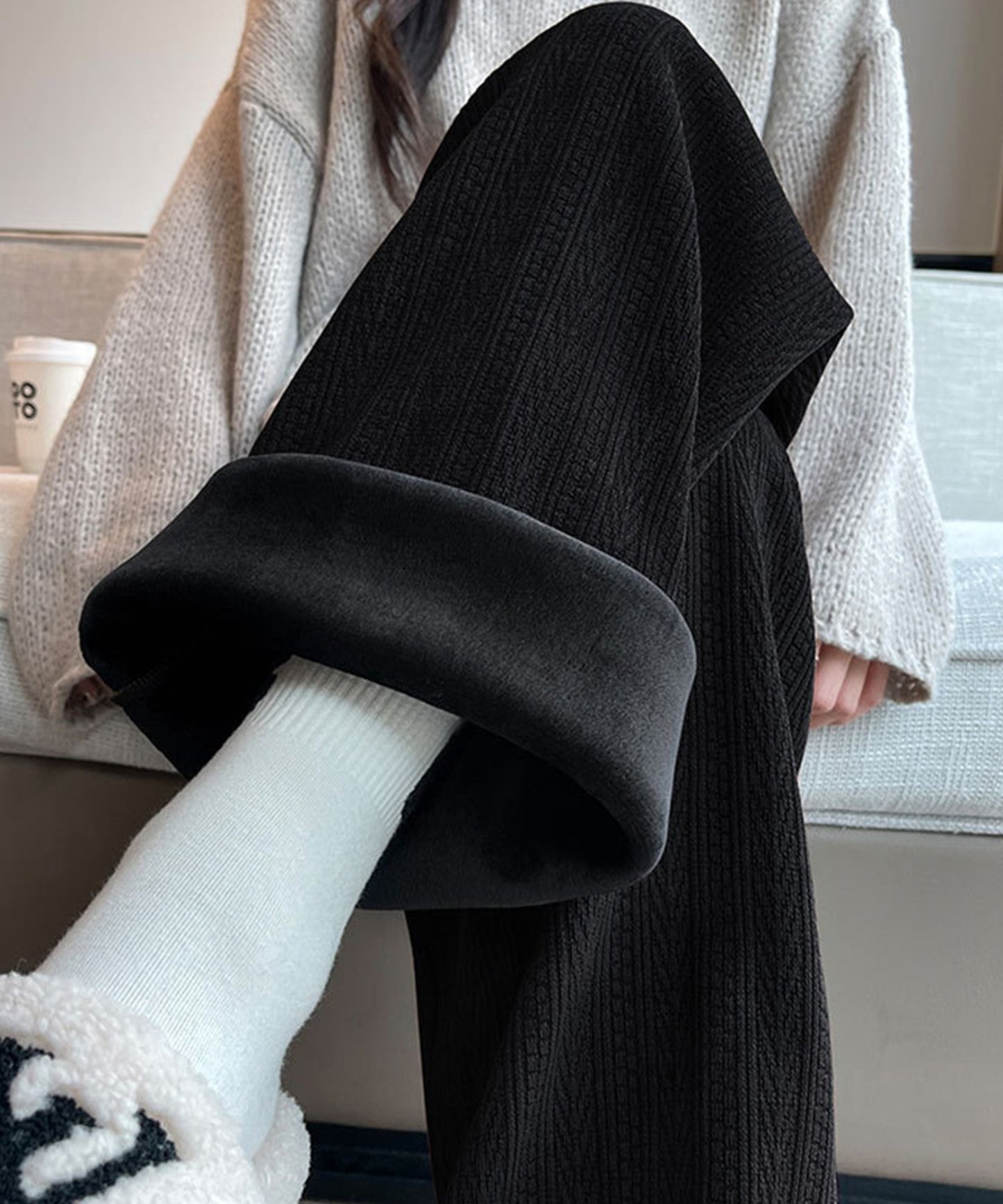 裏起毛 ケーブル柄コーデュロイストレートスウェットパンツ