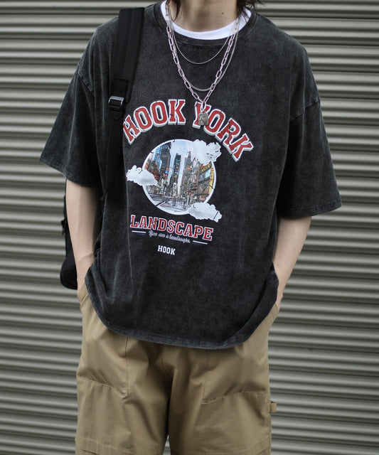 【HOOK -original- 】古着風都市模様ダメージプリント半袖TEE
