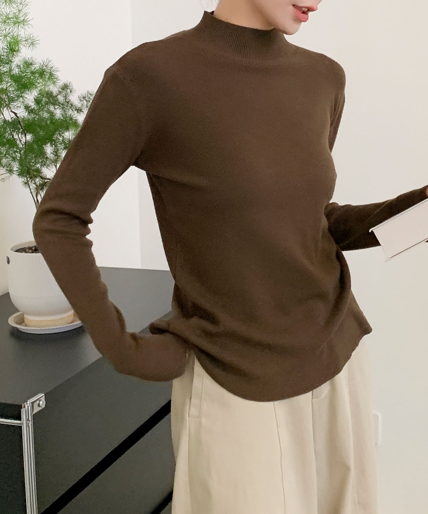 aimoha/無地モックネックニットソートップス