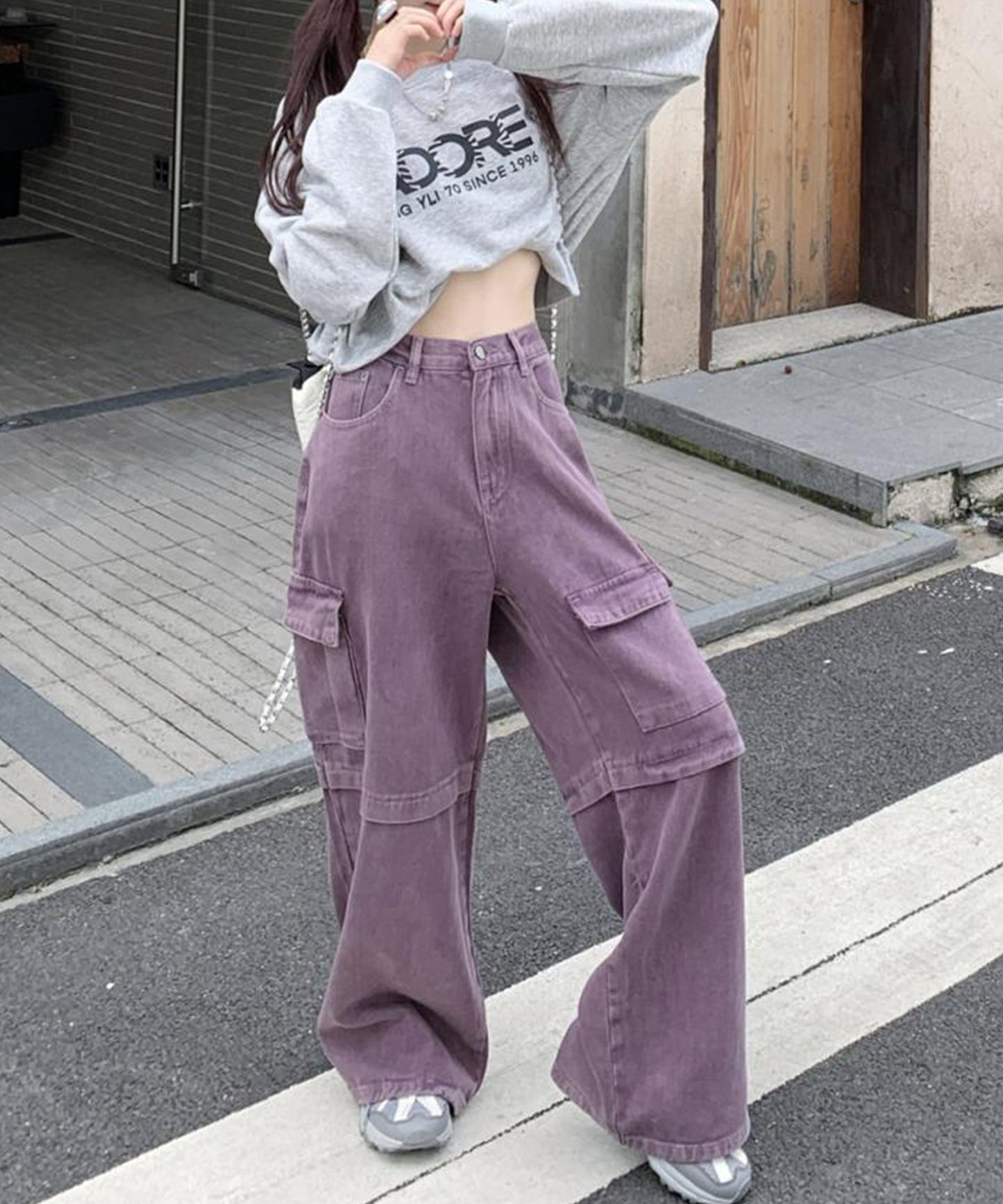 【HOOK】for girls アシンメトリービッグポケットカラーデニムカーゴパンツ