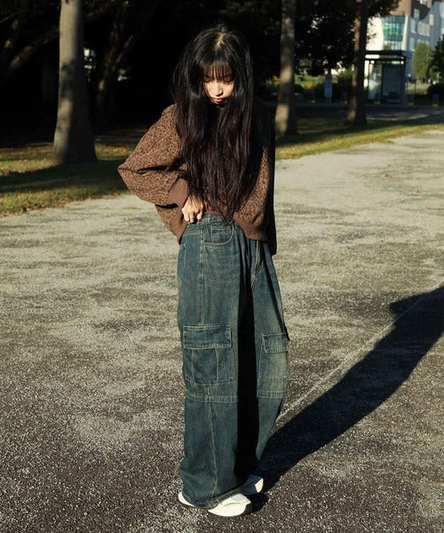 【HOOK】for girls アシンメトリービッグポケットカラーデニムカーゴパンツ