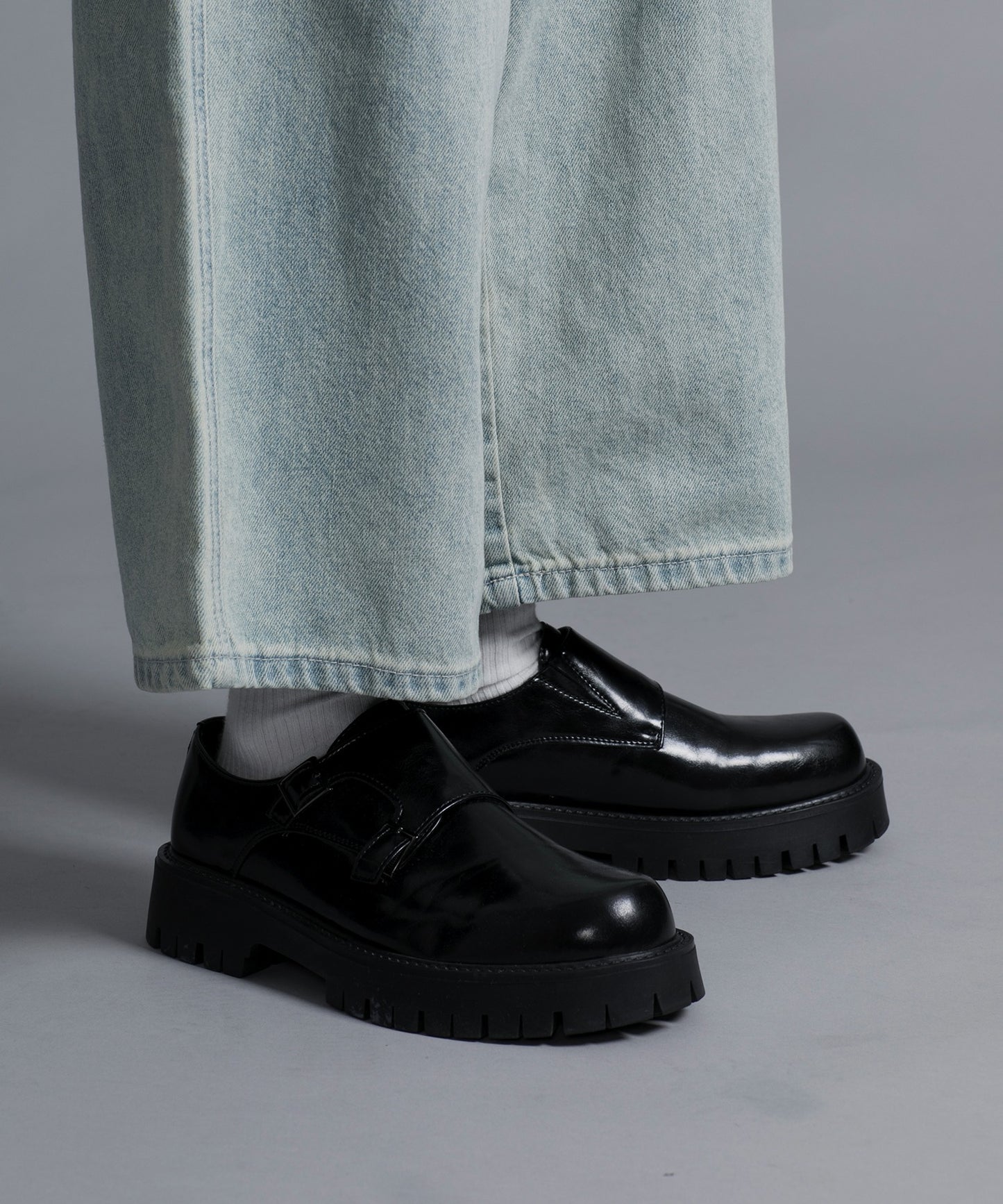 【shoes365】二層カバー バックル二個付け 厚底ドレスシューズ
