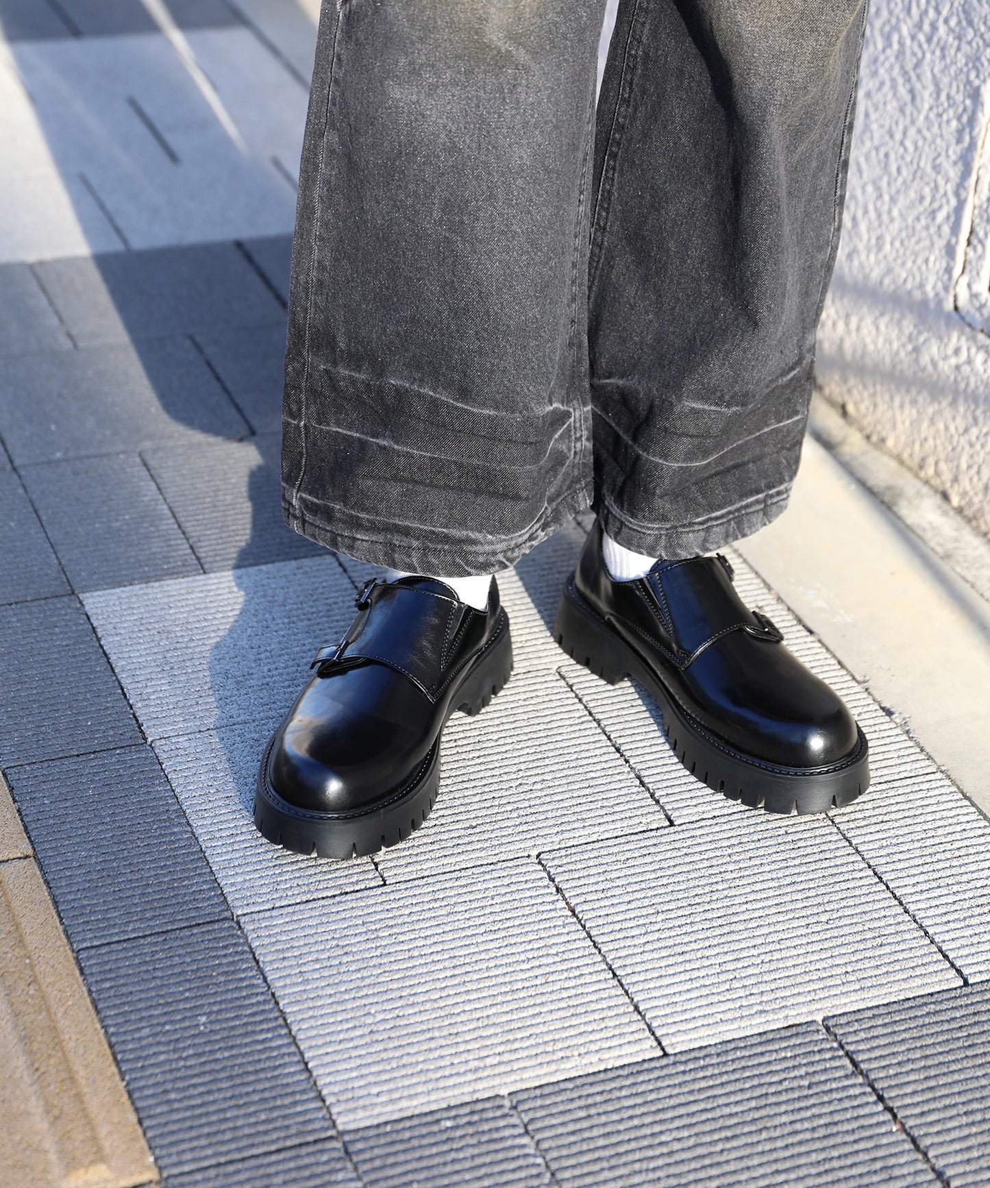 【shoes365】二層カバー バックル二個付け 厚底ドレスシューズ