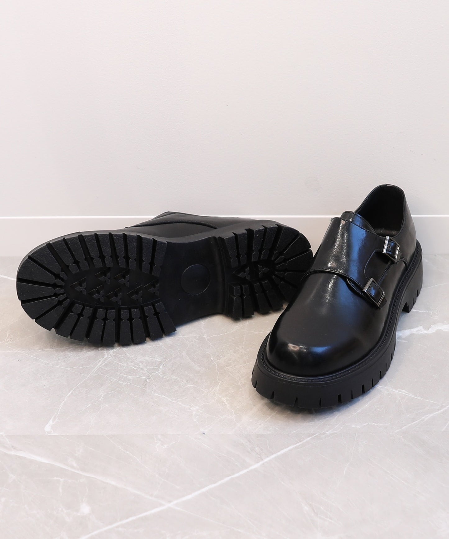 【shoes365】二層カバー バックル二個付け 厚底ドレスシューズ