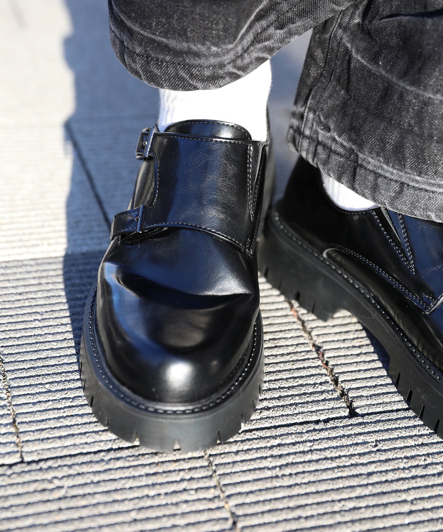 【shoes365】二層カバー バックル二個付け 厚底ドレスシューズ